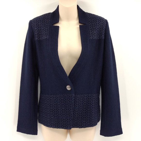 ST‎ JOHN Caris Geo Blazer Women's 6 Navy Santa Knit Lace Notch Collar Jacket - Picture 2 of 16